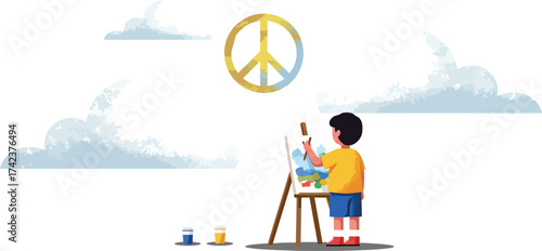Child painting peace symbol on easel with clouds background vector illustration in bright colors 