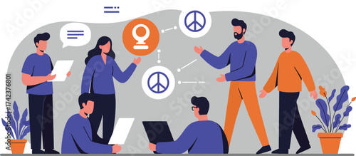 Group of people discussing gender equality and peace symbols in modern office environment vector illustration 