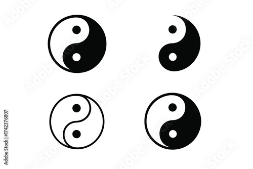 Yin Yang symbol set, balance and harmony icon vector illustration, spiritual Taoism concept, duality and unity design, black and white yin-yang circle illustration