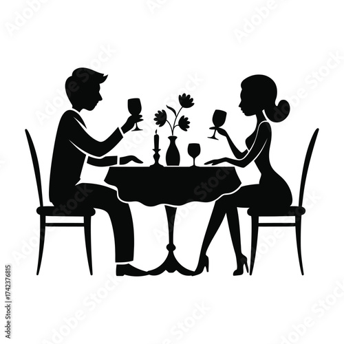 Elegant silhouette of a romantic couple enjoying a candlelit dinner toasting with wine glasses vector illustration silhouette White background