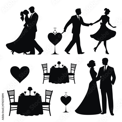 Romantic silhouette vector set couple dancing dinner table heart romantic evening illustration silhouette White background