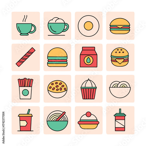 Assortment of delicious fast food and drink icons featuring burgers coffee and fries for food service businesses