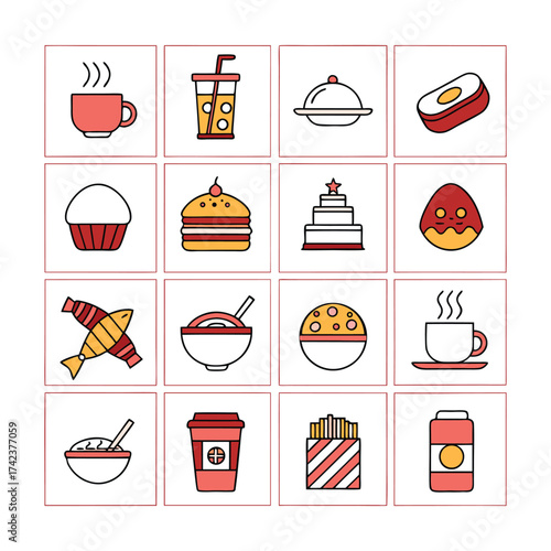 Diverse restaurant menu icons set featuring food drink cuisine and desserts for gastronomy and dining platforms