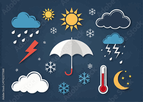 Weather icons featuring sun, moon, clouds, rain, lightning, snowflakes, thermometer and umbrella design