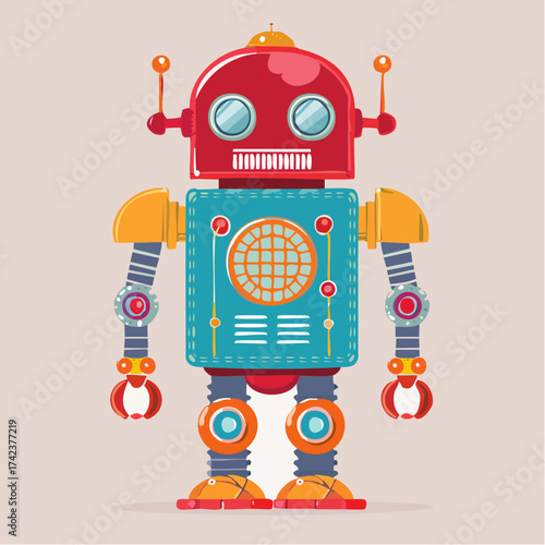 retro robots are standing side by side, vector cartoon illustration