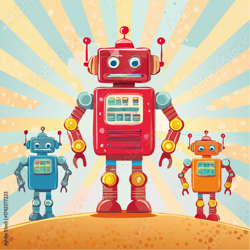retro robots are standing side by side, vector cartoon illustration