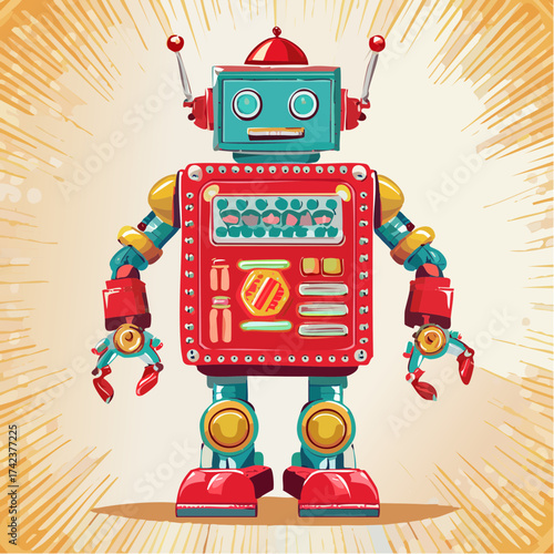 retro robots are standing side by side, vector cartoon illustration