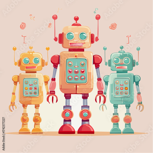 retro robots are standing side by side, vector cartoon illustration