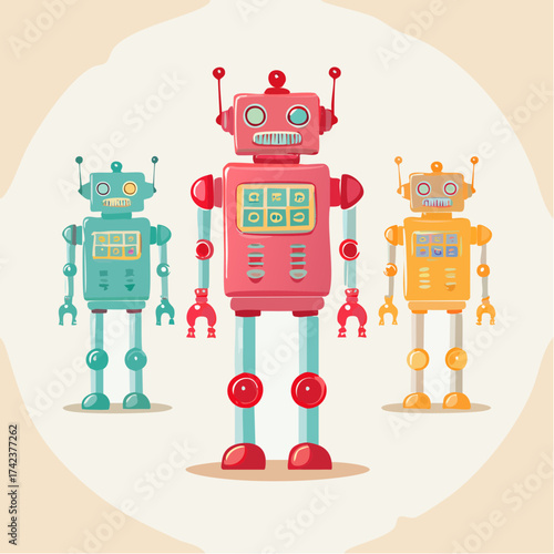 retro robots are standing side by side, vector cartoon illustration