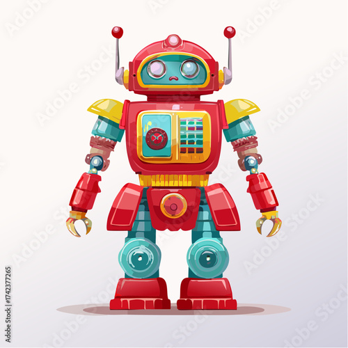 retro robots are standing side by side, vector cartoon illustration