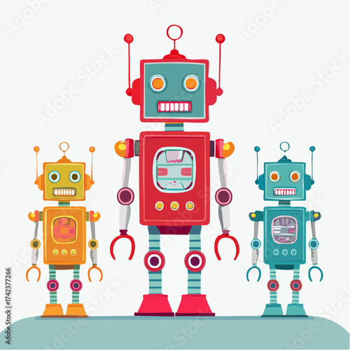 retro robots are standing side by side, vector cartoon illustration