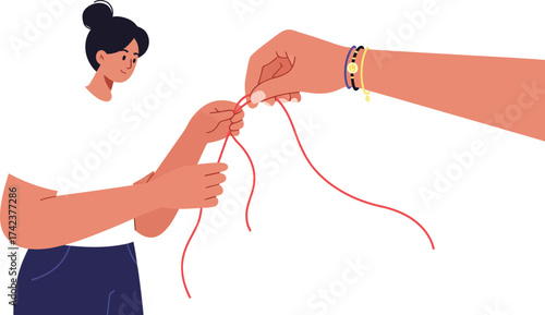 Woman tying red thread bracelet on wrist symbolizing connection and care in minimalist vector illustration 