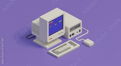 An isometric pixel art image of a vintage desktop computer, including a monitor, CPU, keyboard and mouse, in shades of white and gray, on a lilac background.