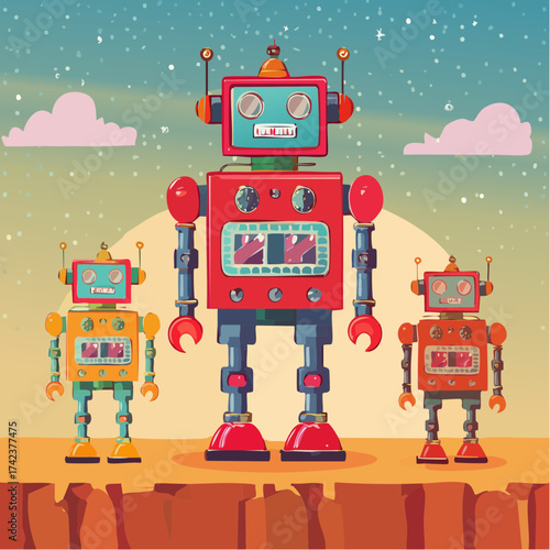 retro robots are standing side by side, vector cartoon illustration