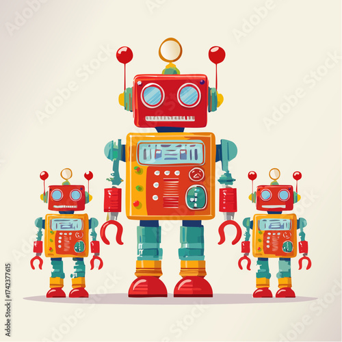 retro robots are standing side by side, vector cartoon illustration