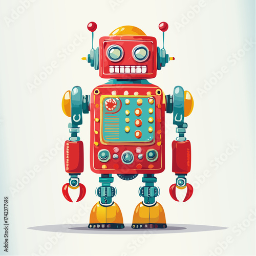 retro robots are standing side by side, vector cartoon illustration