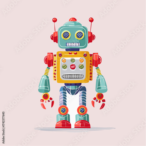 retro robots are standing side by side, vector cartoon illustration