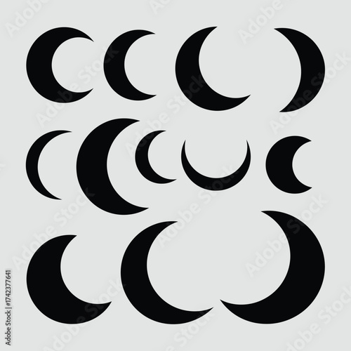 Collection of diverse crescent moon vector icons and illustrations for celestial and astronomical designs silhouette White background