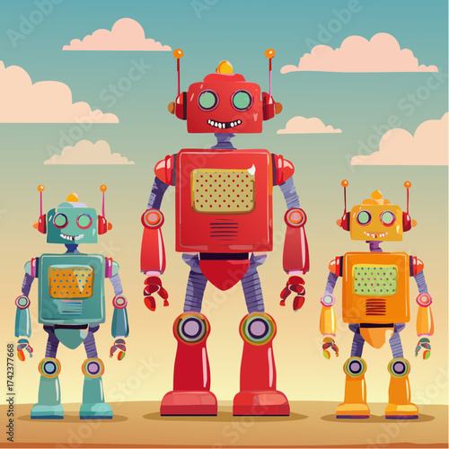 retro robots are standing side by side, vector cartoon illustration