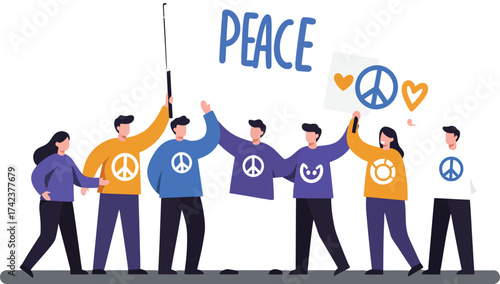 Group of diverse people holding peace symbols and banners promoting harmony and unity in a vector illustration 