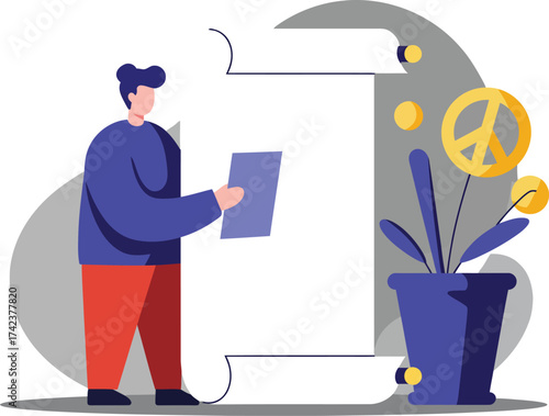 Person standing near large number one holding paper with potted plant and peace symbol vector illustration 