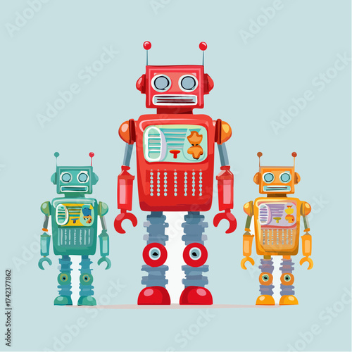 retro robots are standing side by side, vector cartoon illustration