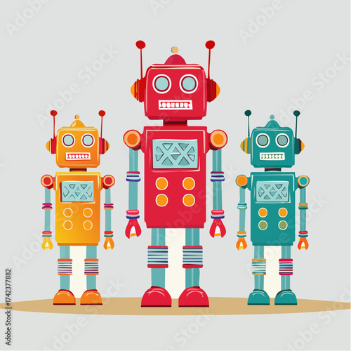retro robots are standing side by side, vector cartoon illustration