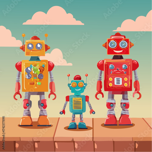 retro robots are standing side by side, vector cartoon illustration