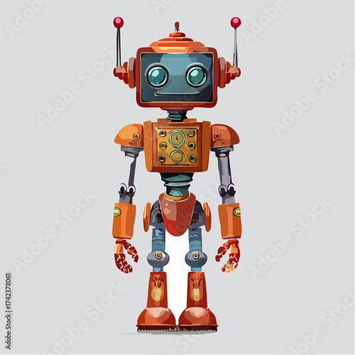 retro robots are standing side by side, vector cartoon illustration