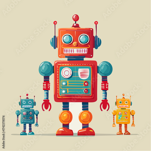 retro robots are standing side by side, vector cartoon illustration