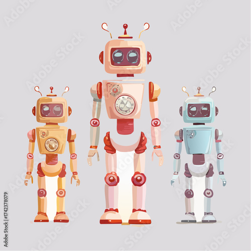 retro robots are standing side by side, vector cartoon illustration