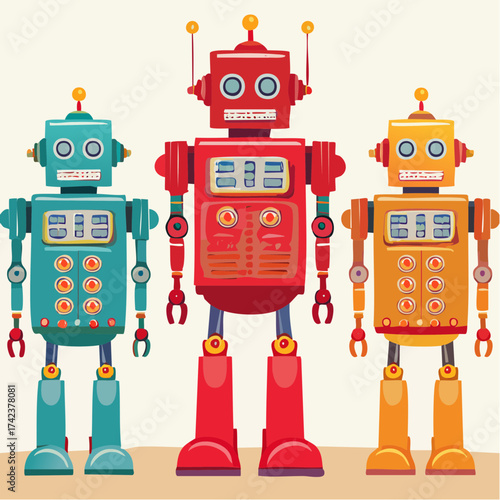 retro robots are standing side by side, vector cartoon illustration