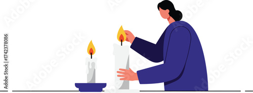 Person lighting white candles with blue candle holder in simple minimal style vector illustration 
