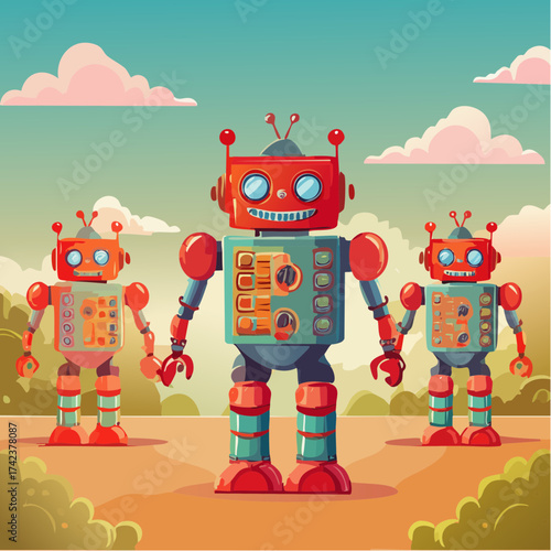 retro robots are standing side by side, vector cartoon illustration