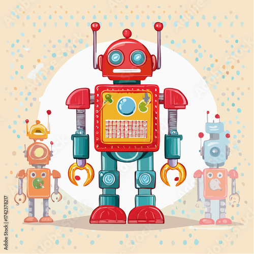 retro robots are standing side by side, vector cartoon illustration