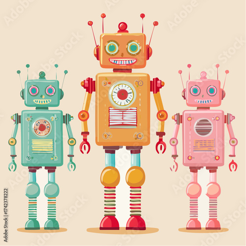 retro robots are standing side by side, vector cartoon illustration