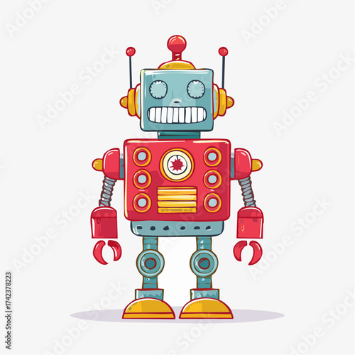 retro robots are standing side by side, vector cartoon illustration