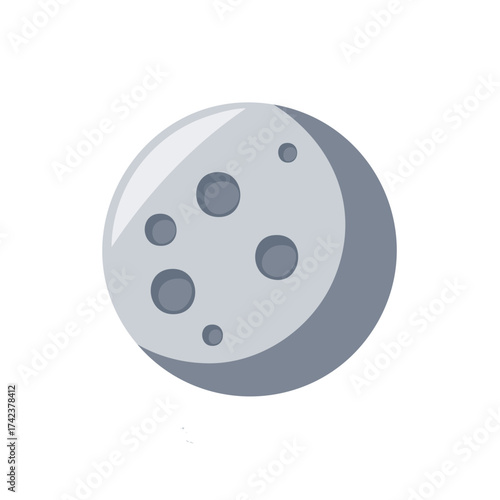 Cartoon illustration of a full moon with craters in shades of gray, lunar, flat design.