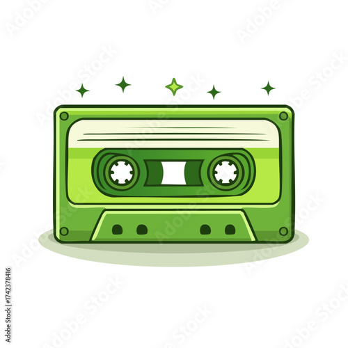 Green Audio Cassette Tape Cartoon Style with Shining Stars Design