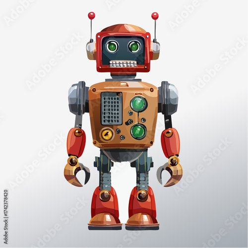 retro robots are standing side by side, vector cartoon illustration