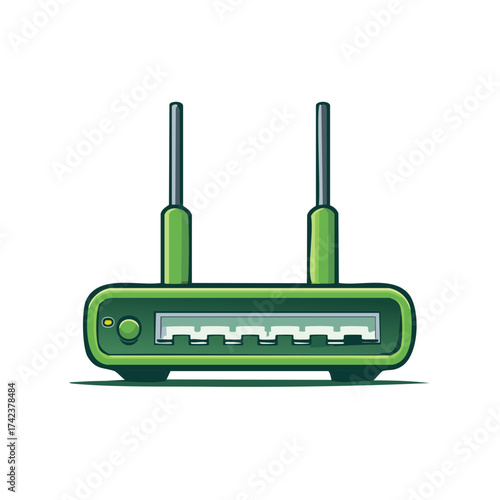 Green Wireless Router with Two Antennas for Internet Connection and Network Setup Cartoon Illustration