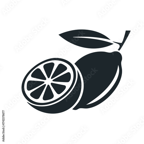 Simple black vector graphic of a whole lemon fruit with a leaf and a half lemon slice.