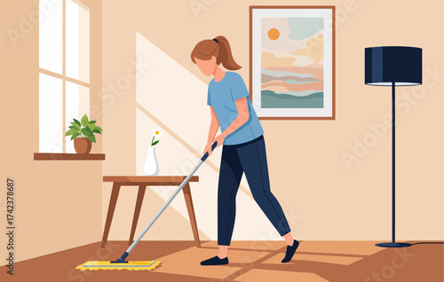 A young woman cleans the floor with a mop in her apartment, illustrating household chores and home cleaning.