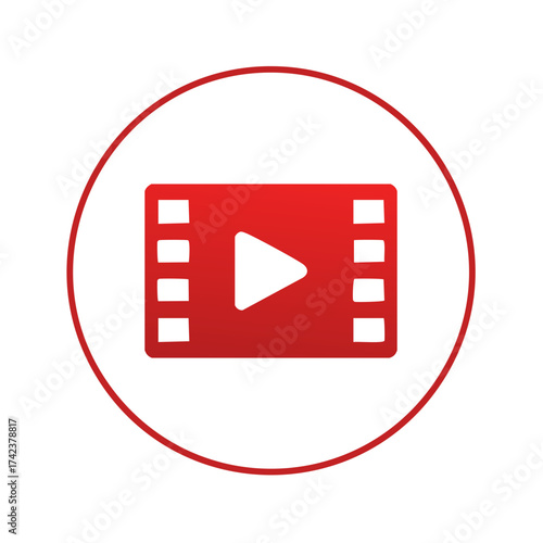 Red Film Strip Play Button Icon in Circle for Video and Movie Media Content