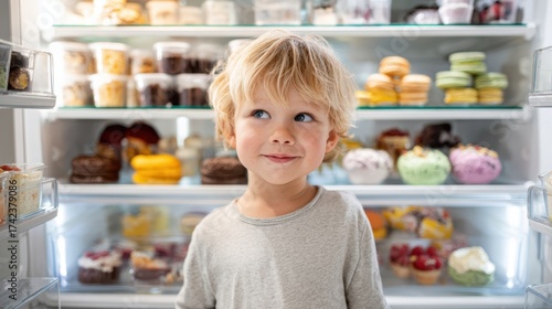 Excited Child Choosing Dessert From a Colorful Fridge Display
