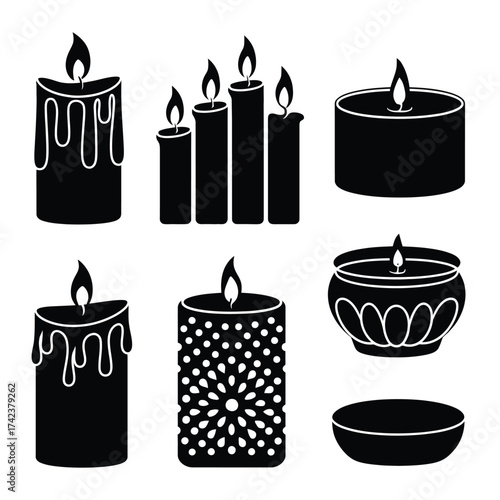 Set of vector silhouettes various candles and candle holders scalable illustration for decorative and thematic designs eps silhouette White background