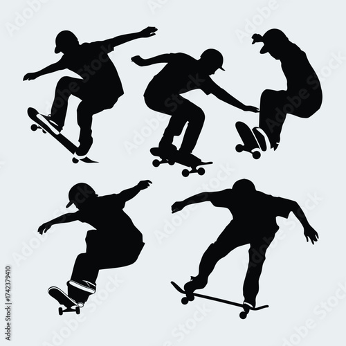 Dynamic skateboarder silhouettes vector art for action sports graphics and illustrations scalable eps silhouette White background