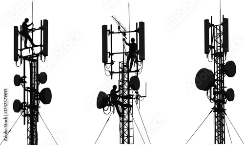 Telecommunication towers with workers, antenna maintenance, satellite dishes, communication infrastructure, occupational safety, industrial silhouettes, vector illustration