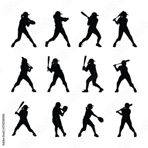 Vector illustration of baseball softball player silhouettes in action poses scalable eps graphic silhouette White background