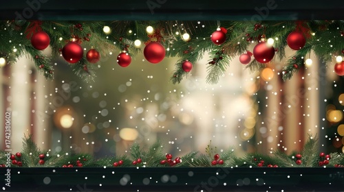 Christmas shop window frame with garlands, red baubles and pine branches, falling snow, blurred city background, elegant festive border, winter advertising, mockup, restaurant or cafe holiday design.